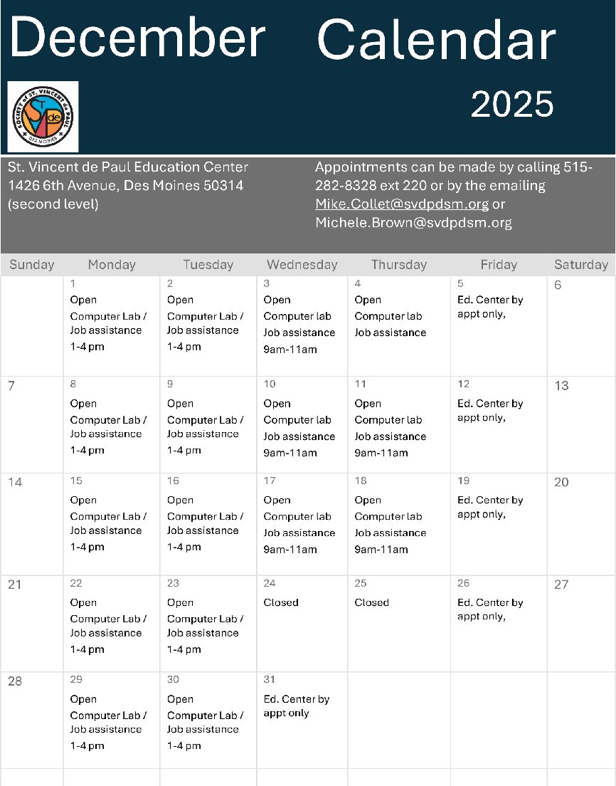 December Ed Center Calendar 2025